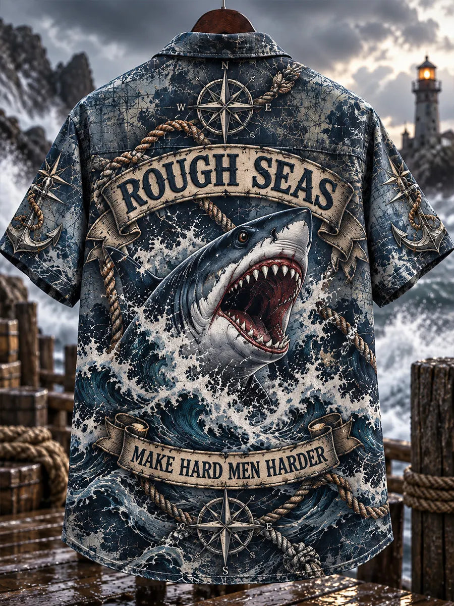 🦈 Rough Seas Make Hard Men Harder Vintage Shark Hawaiian Shirt