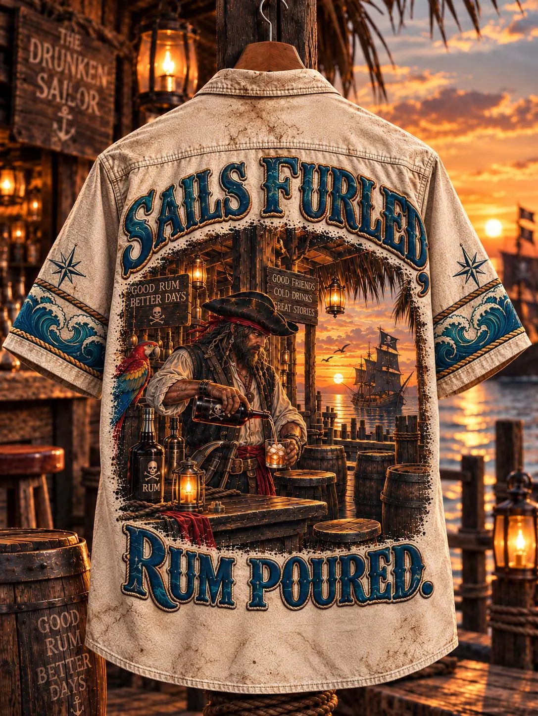 ⛵ 🍻 Sails Furled Rum Poured 🦜 Pirate Sunset Ocean View Tavern Hawaiian Shirt