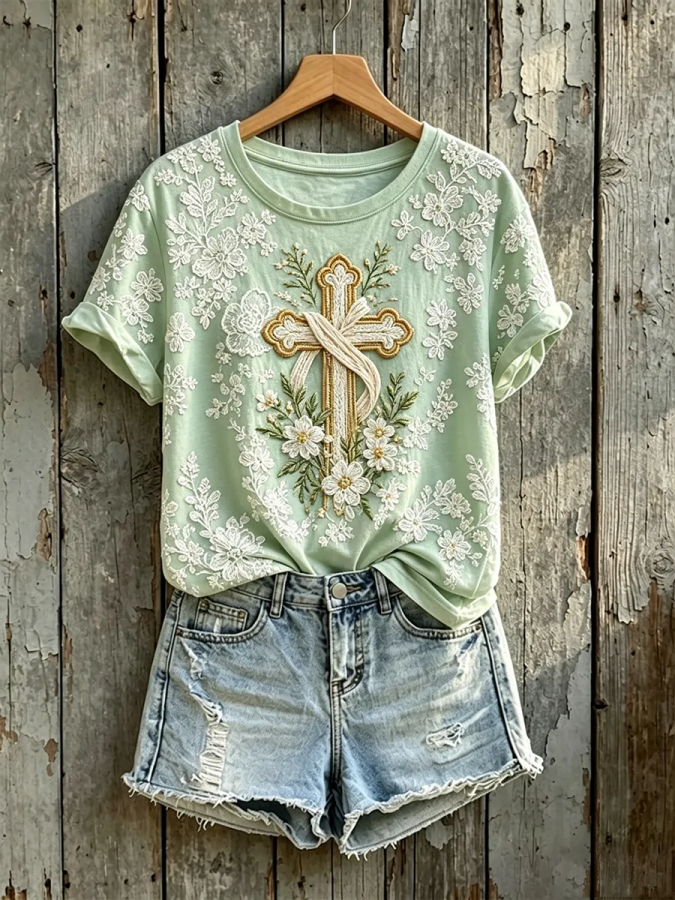 Women's Vintage Floral Cross Print Round Neck Short-sleeved T-shirt