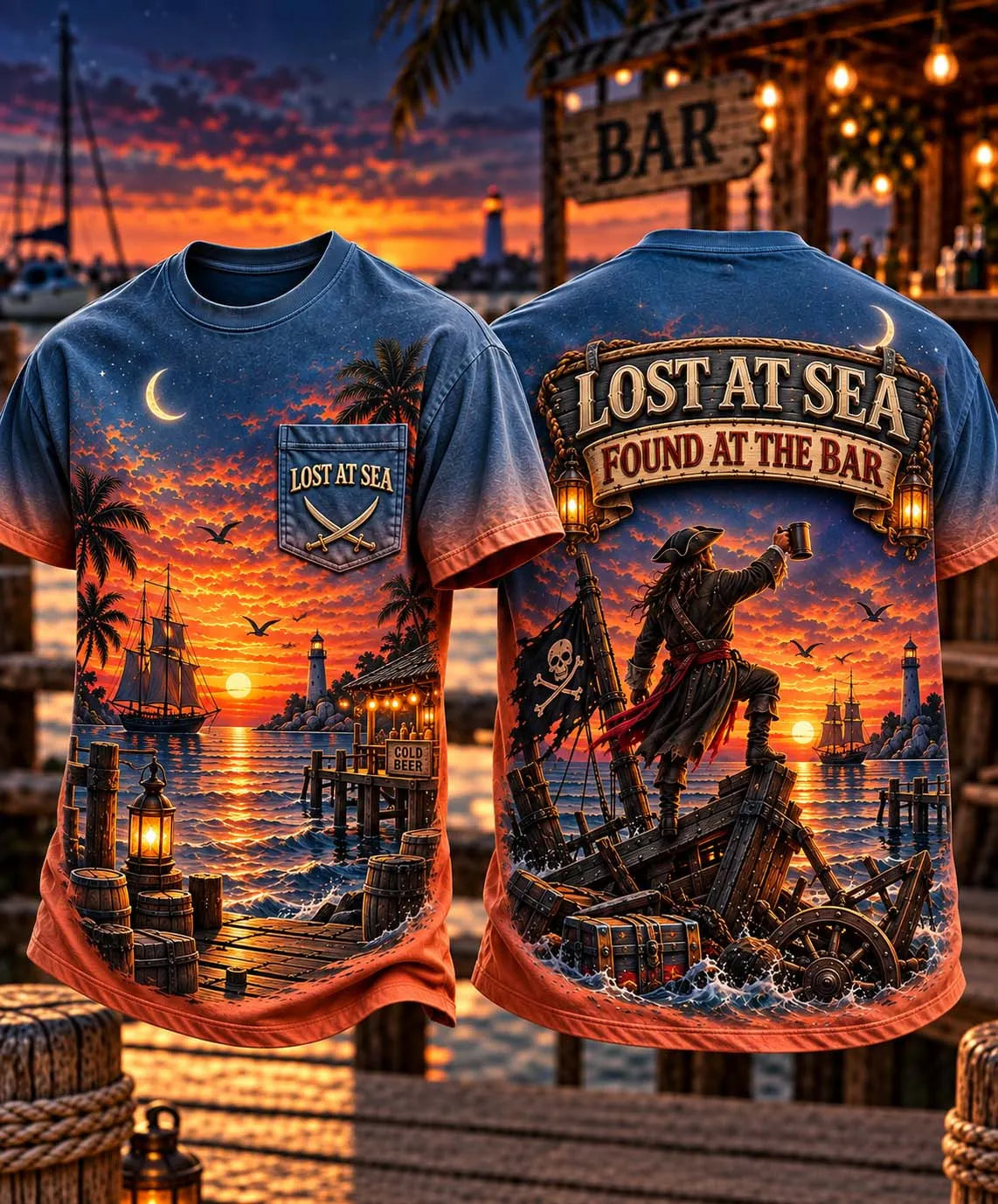 Lost At Sea Found At The Bar Pirate Sunset Graphic Tee 🏴‍☠️