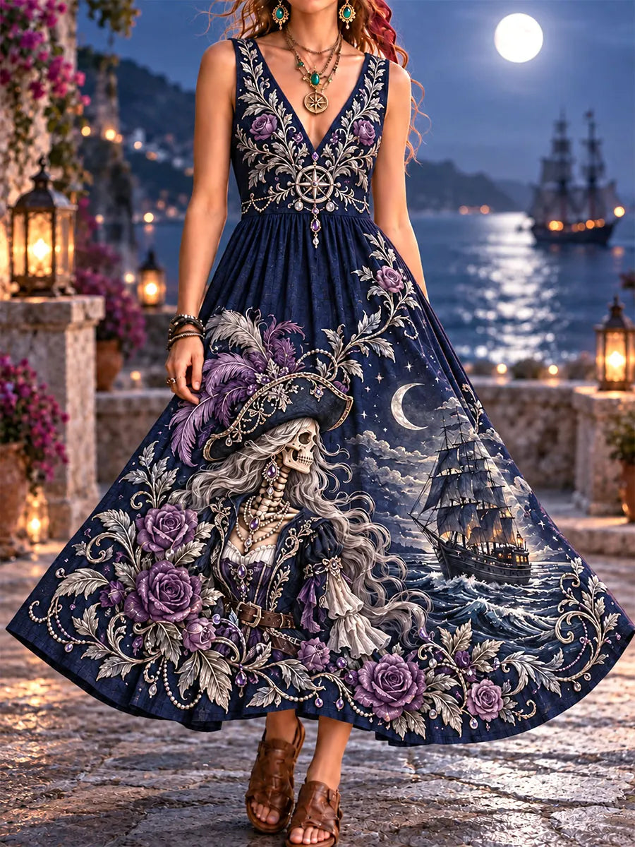 Women's Moonlit Rose & Pirate Skeleton Print V-Neck Flared Dress
