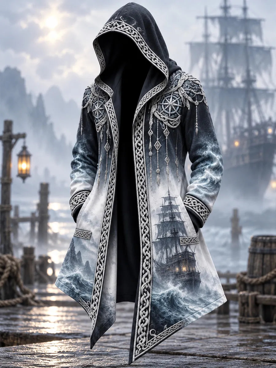 ⚓ Stormy Sea Sailing Ship & Runic Compass Hooded Coat
