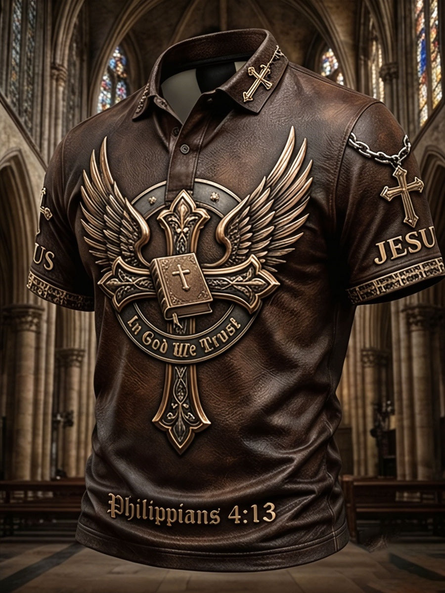 Retro“In God We Trust”Cross-Print Men's Polo Shirt
