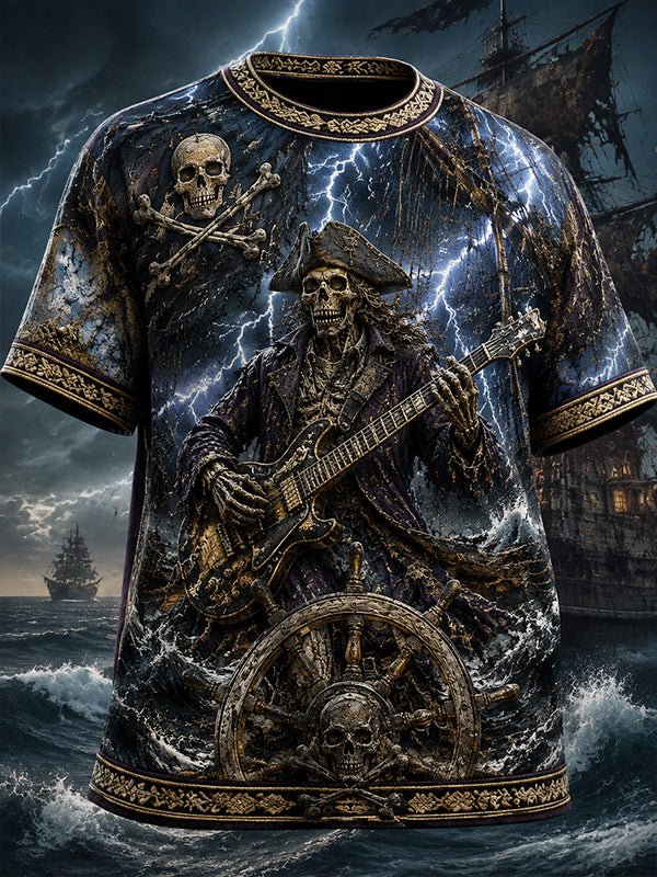 Men's Skeleton Pirate Playing Guitar Ocean Lightning Skull Print T-Shirt
