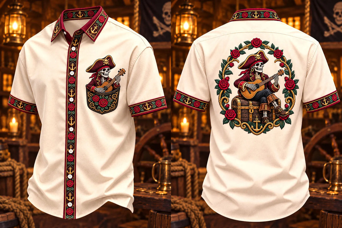 Rose Guitar Pirate Skeleton Short Sleeve Shirt