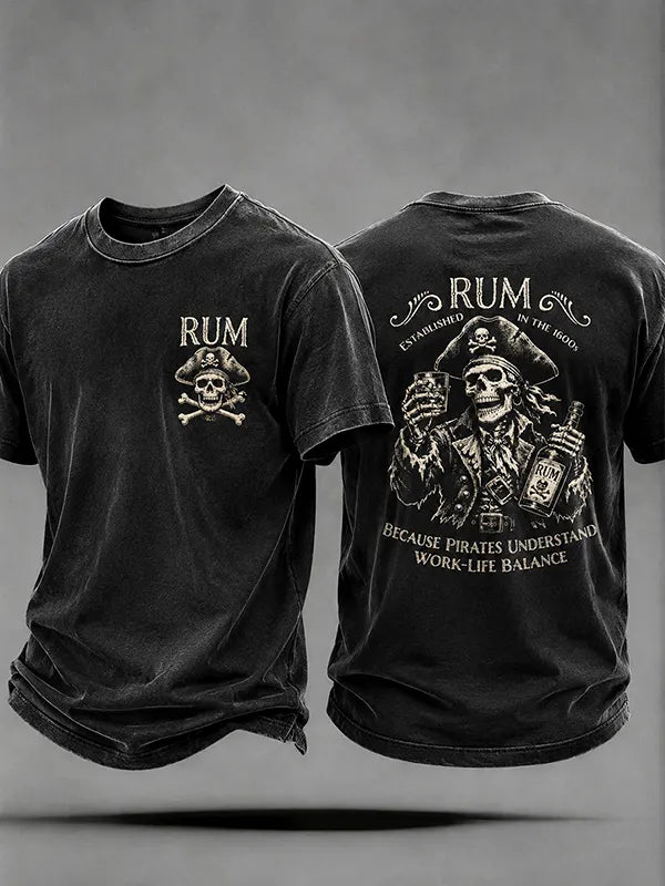 Men's Because Pirates Understand Work-Life Balance Fun Pirate Rum Print Casual T-Shirt