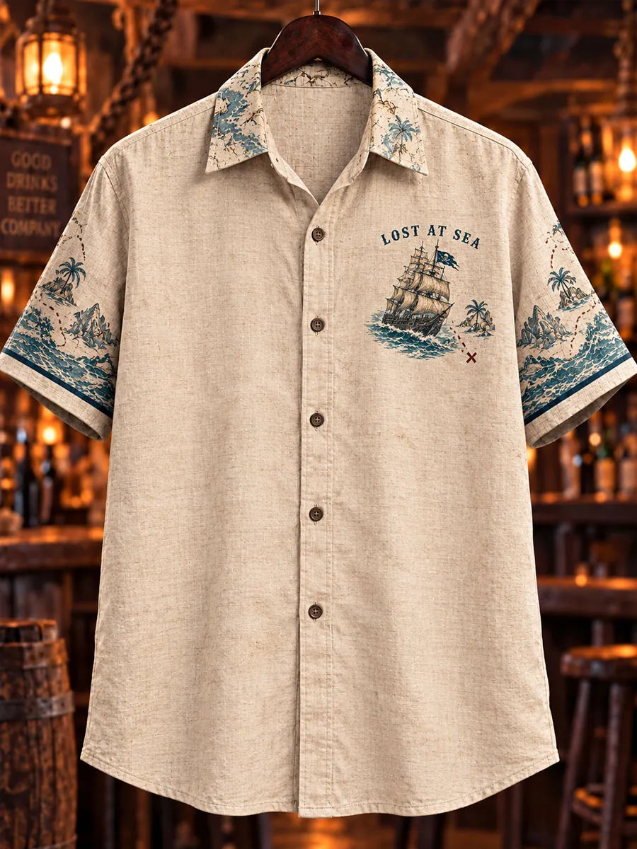 Men’s Vintage Pirate Ship & Nautical Map Short Sleeve Shirt