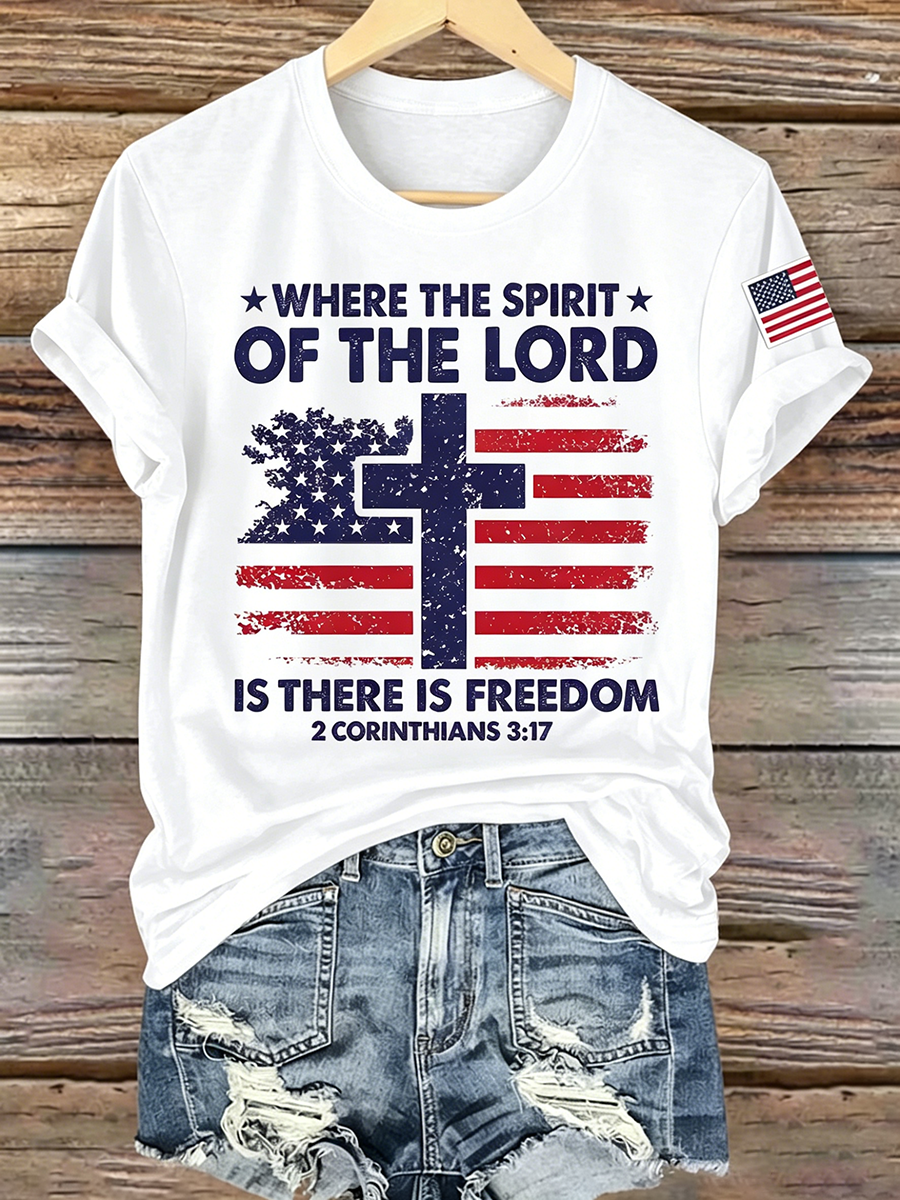 American Faith Cross Commemorative Printed Casual T-Shirt