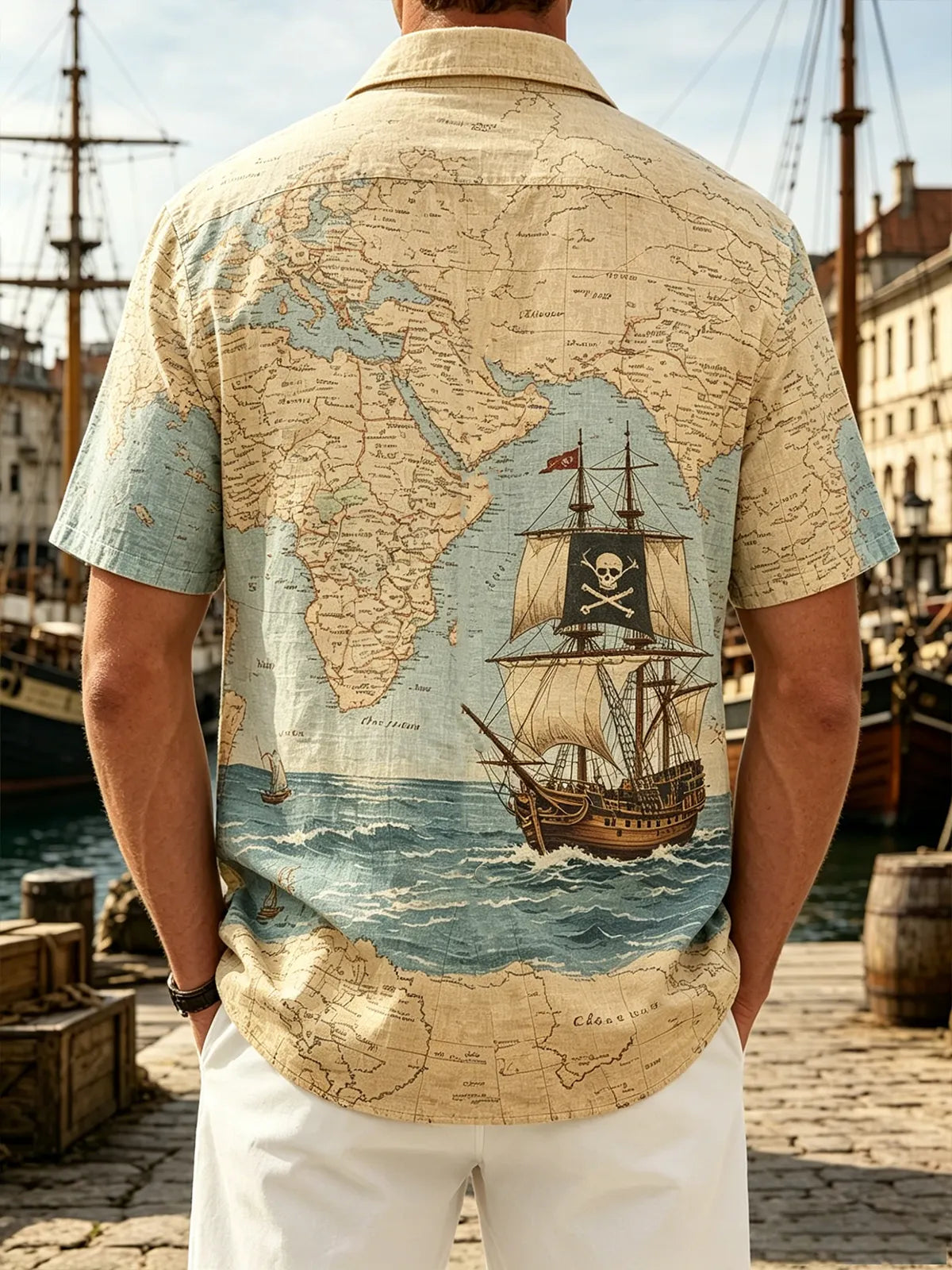 Linen-Texture Vintage Map & Pirate Ship Chest Pocket Holiday Hawaiian Shirt