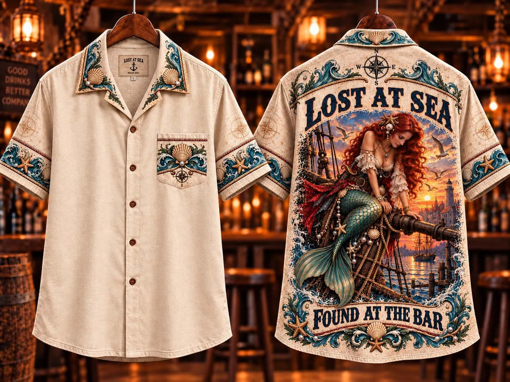 🧜‍♀️ Redhead Pirate Mermaid Sitting on Shipwreck Hawaiian Shirt