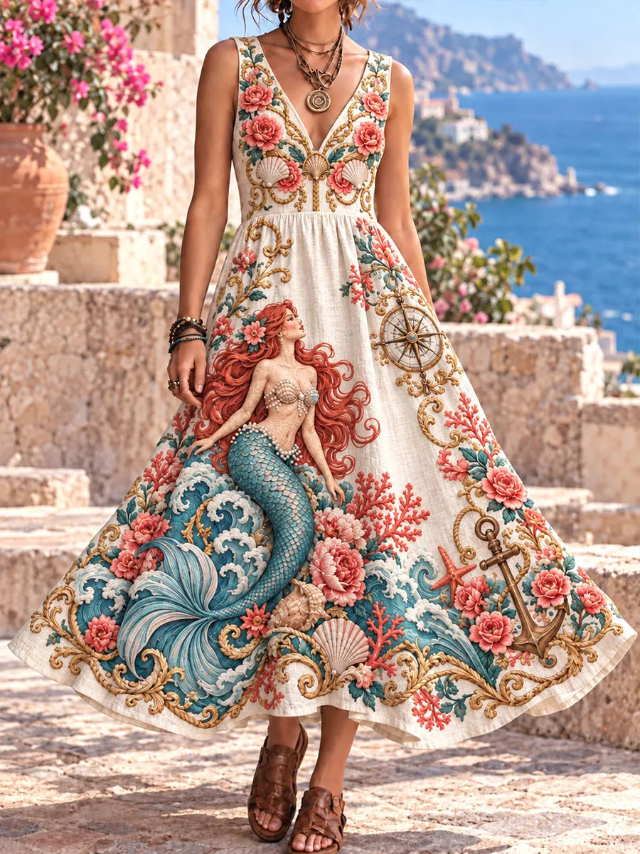 Mermaid Floral Nautical Print V-Neck Dress