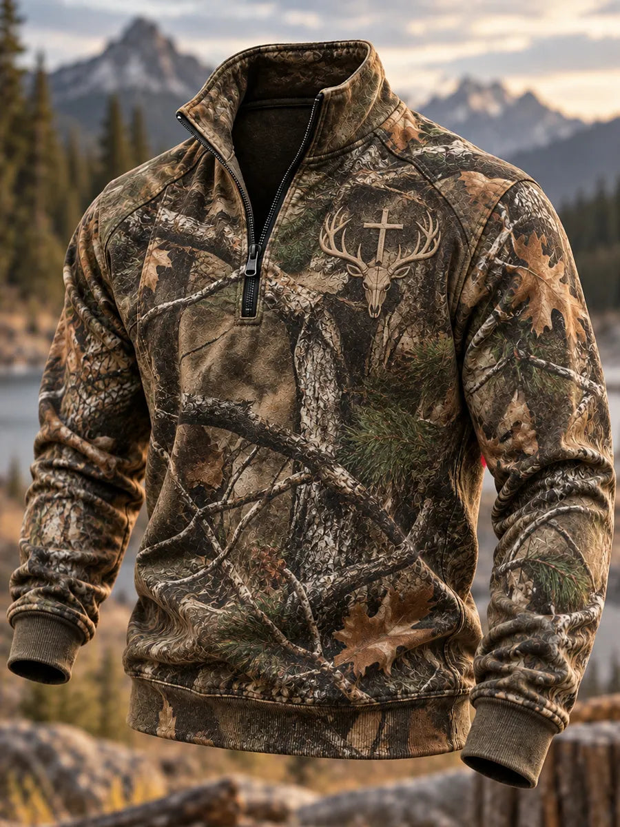 Men's Retro Hunting Culture Print Casual Zip-Up Sweatshirt
