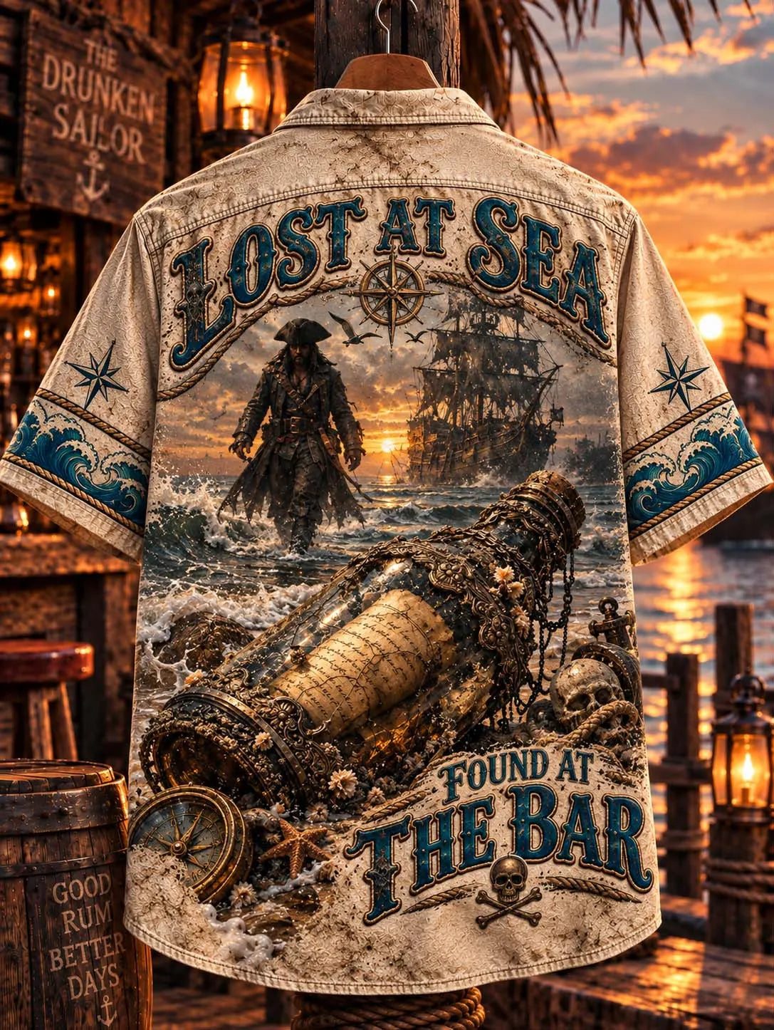 🌊 ⚓ Lost at Sea & Found at Bar Vintage Pirate Tropical Hawaiian Shirt