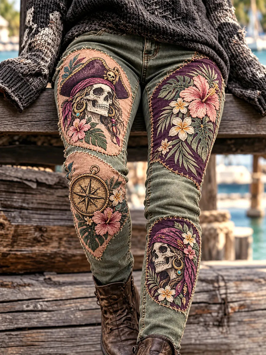 Vintage Pirate Skeleton Compass Floral Patchwork Jeans