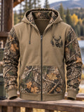 Men's Retro Hunting Culture Print Casual Full-Zip Hoodie