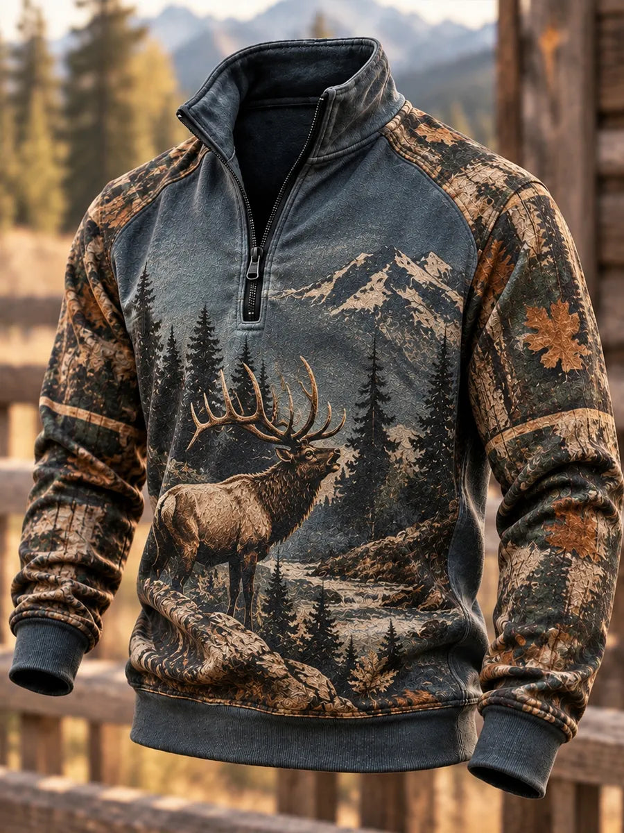 Men's Retro Hunting Culture Print Casual Zip-Up Sweatshirt