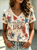Women's Casual America Flag V-Neck T-shirt