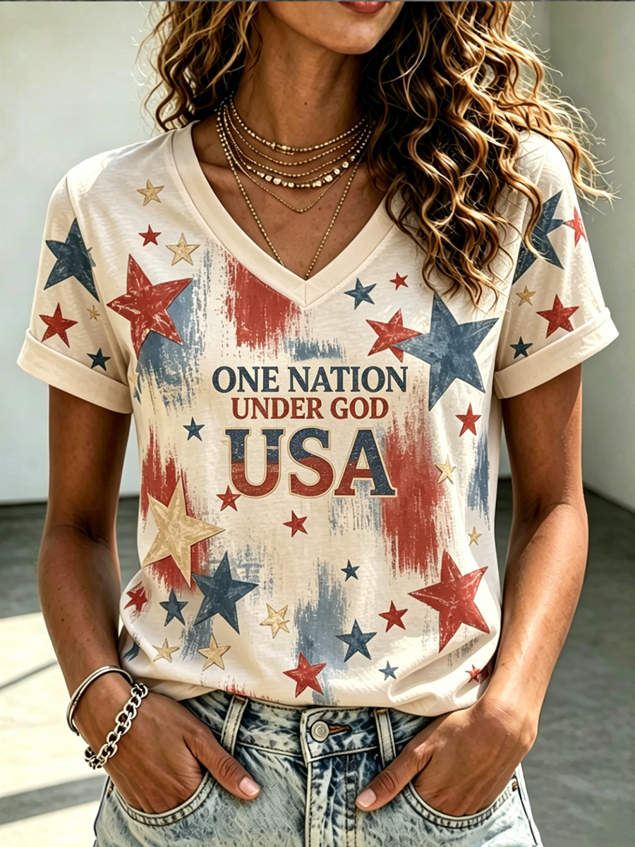 Women's Casual America Flag V-Neck T-shirt