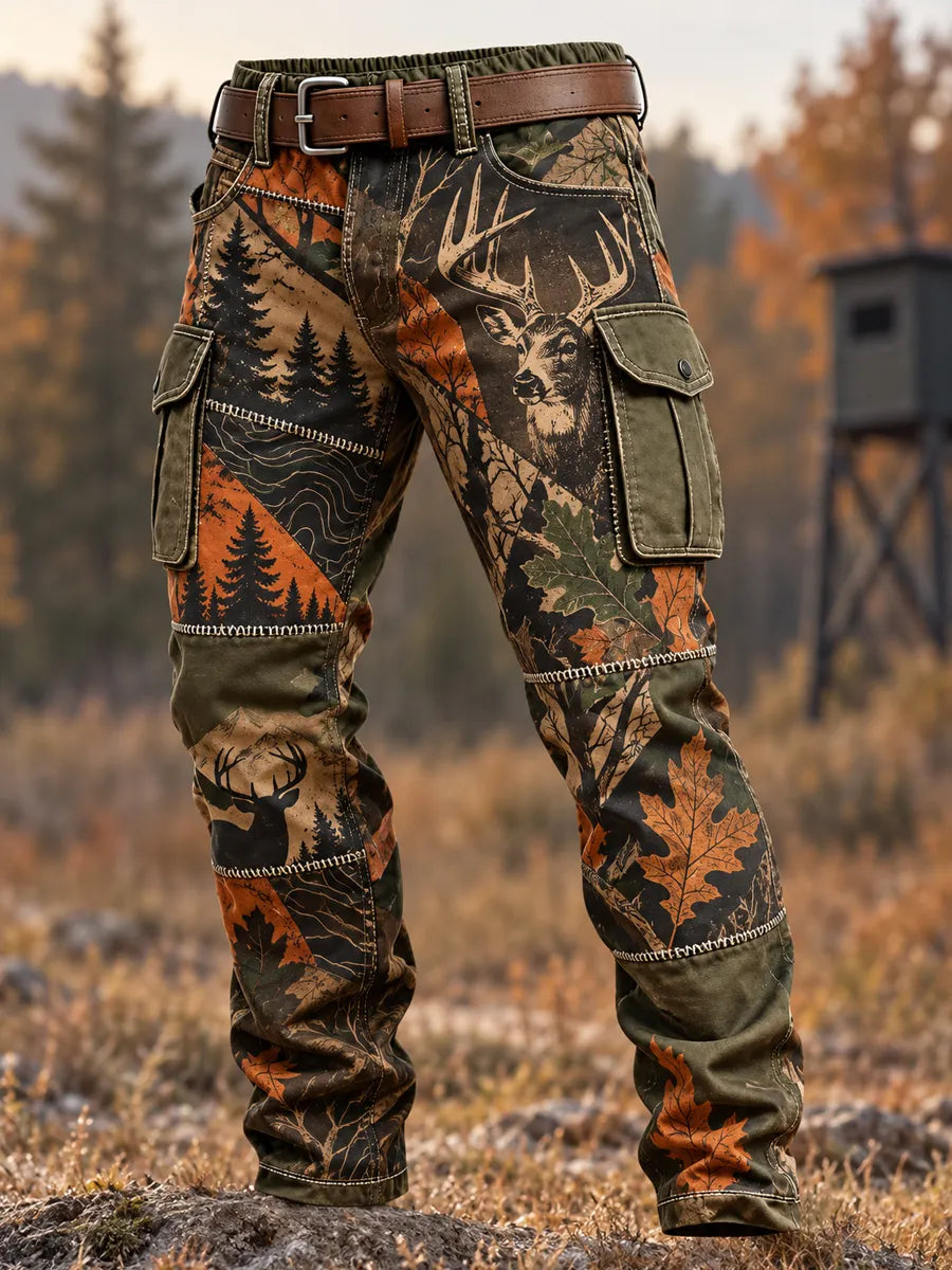 Men's Vintage-Style Multi-Pocket Casual Cargo Pants with Hunting-Themed Print
