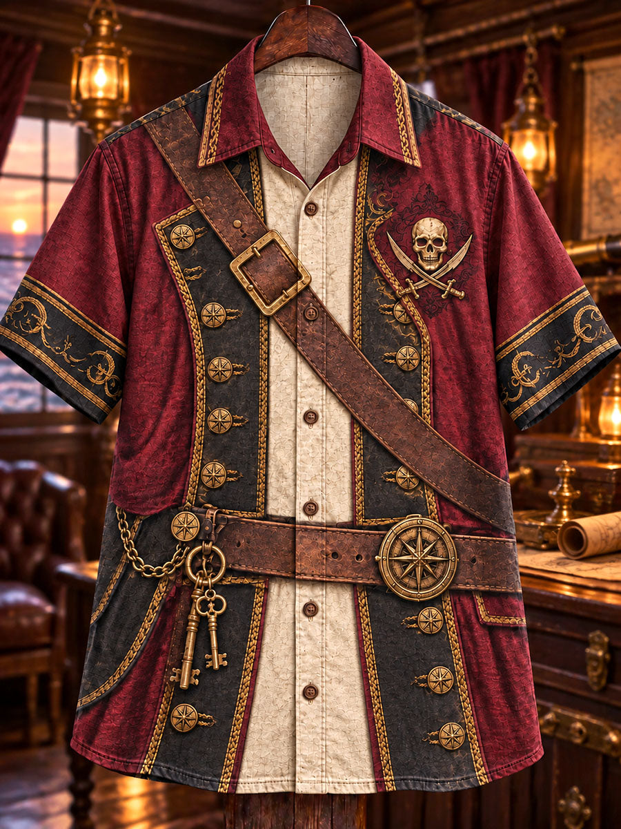 Men’s Pirate Captain Skull & Crossed Swords Print Short-Sleeve Button-Up Shirt