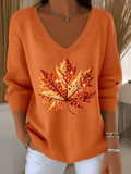 Women's Sequined Maple Leaf Printed Casual Striped Fabric Long Sleeve T-Shirt