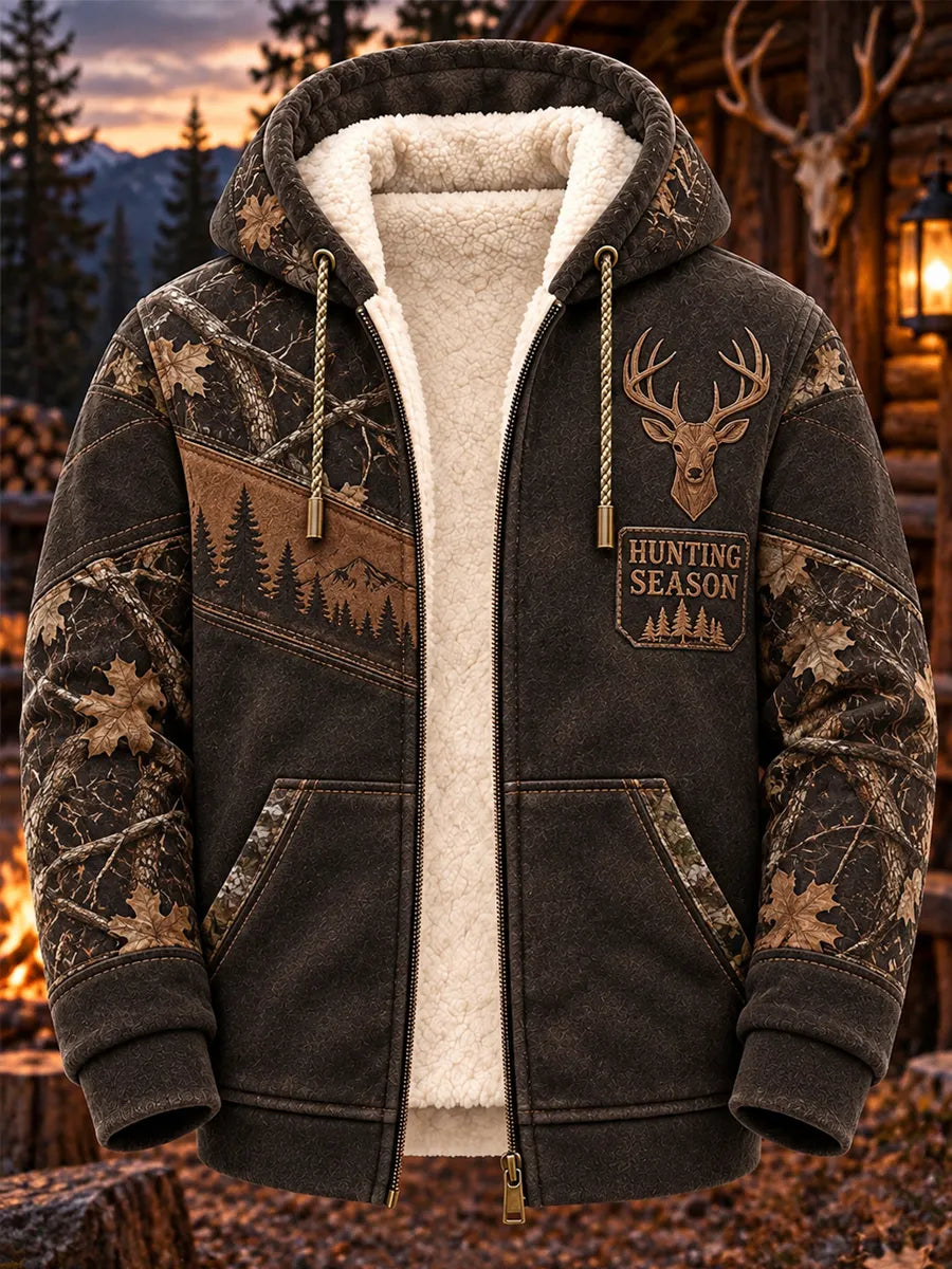 Mountain Forest Buck Vintage Hunting Sherpa-Lined Hoodie