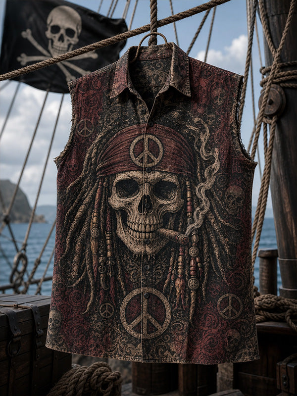 Men's Vintage Pirate Skull And Peace Sign Art Print Sleeveless Shirt