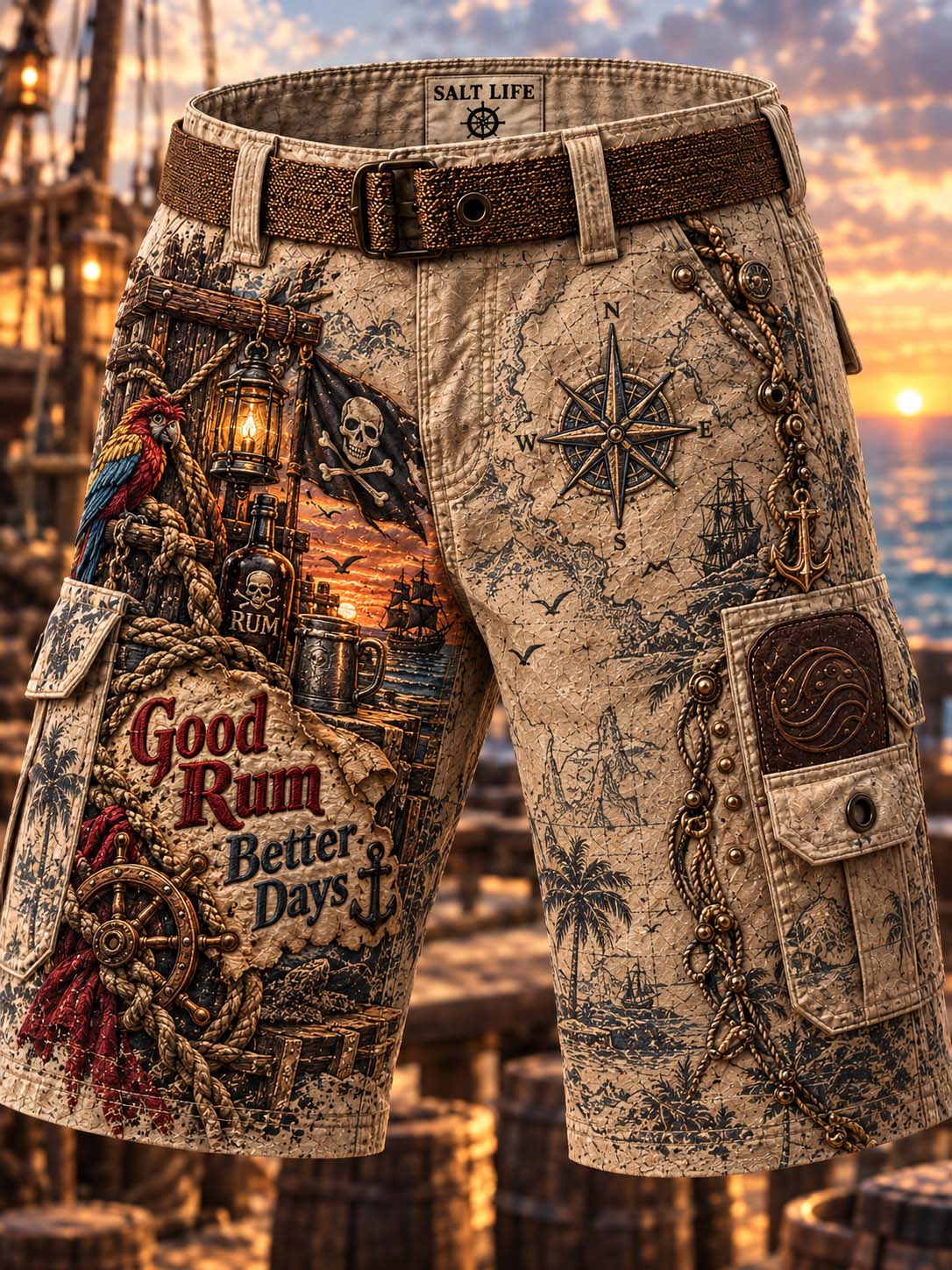 🦜 ⚓ Good Rum Better Days 🏴‍☠️ Pirate Ship Compass Map Cargo Shorts