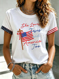 Women's Jesus Loves America Cross Embroidery Star Stripe Color Block Short Sleeve T-shirt