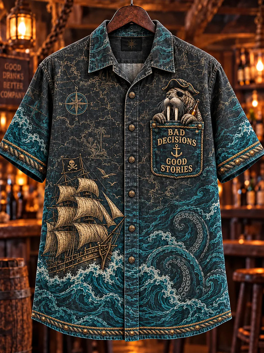 🍺"Bad Decisions Good Stories" Pirate Walrus Denim Shirt🦭