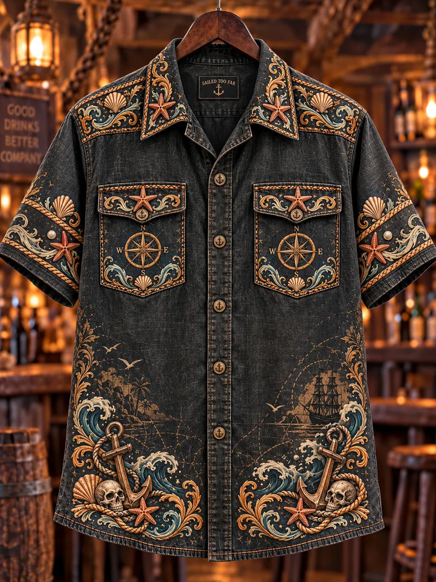 Men’s Vintage  "SAILED TOO FAR" Old Salt Printed Short Sleeve Shirt