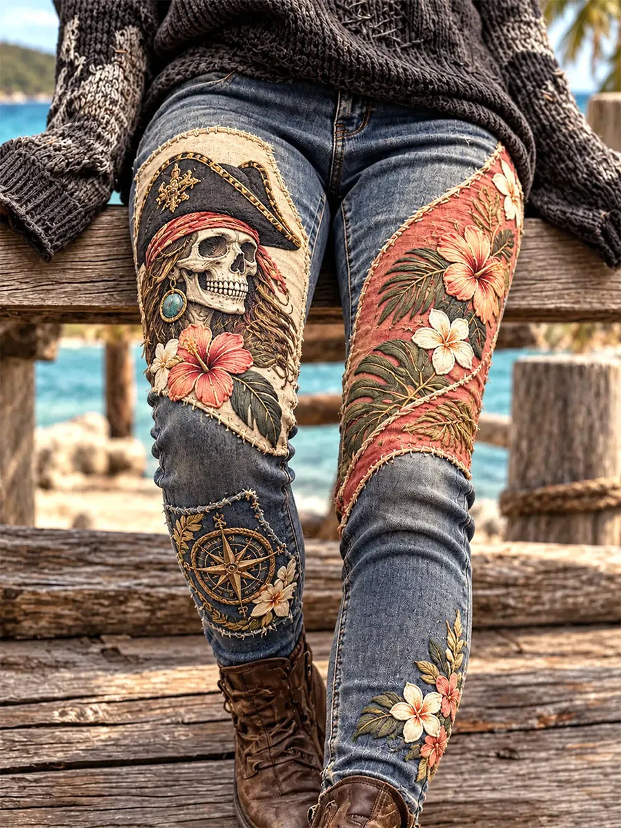 Pirate Woman Skeleton Tropical Floral Patchwork Jeans
