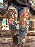 Pirate Woman Skeleton Tropical Floral Patchwork Jeans