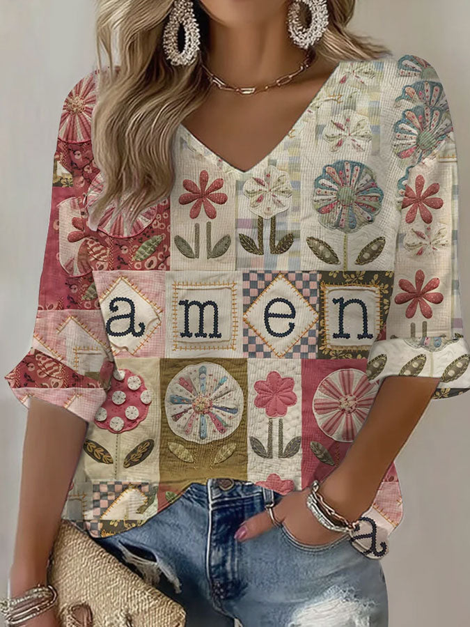 Women's Faith Printed Casual Waffle Long Sleeve T-shirt