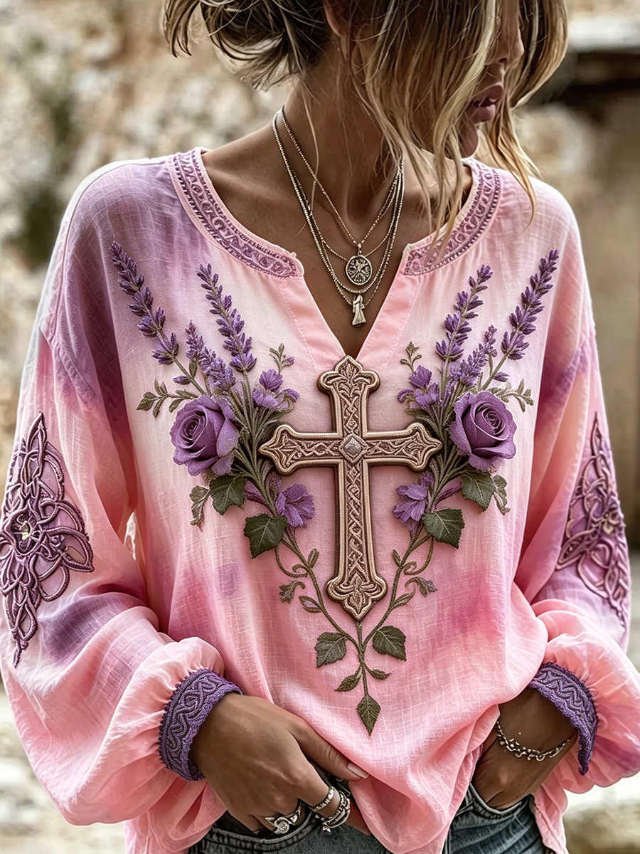 Women's Western Cross Lavender Rose Embroidered Tie Dye V-Neck Long Sleeve Loose Casual Blouse