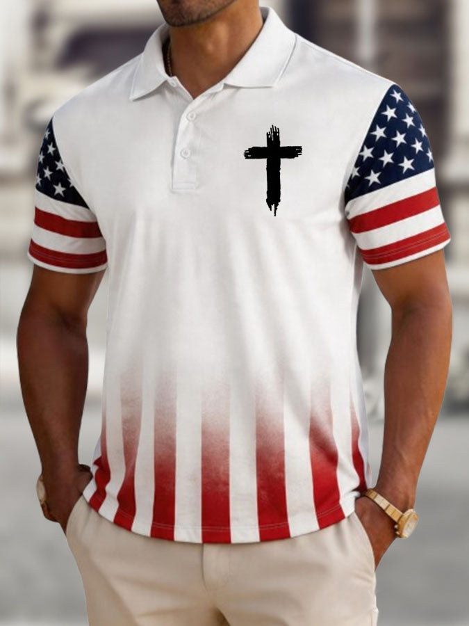 Men'S Flag Cross Printed Casual Polo Shirt