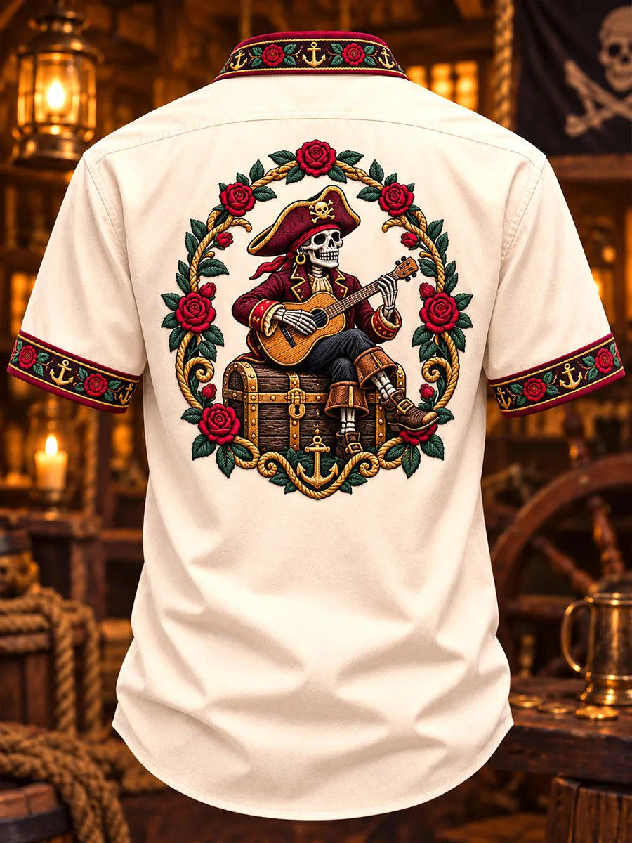 Rose Guitar Pirate Skeleton Short Sleeve Shirt