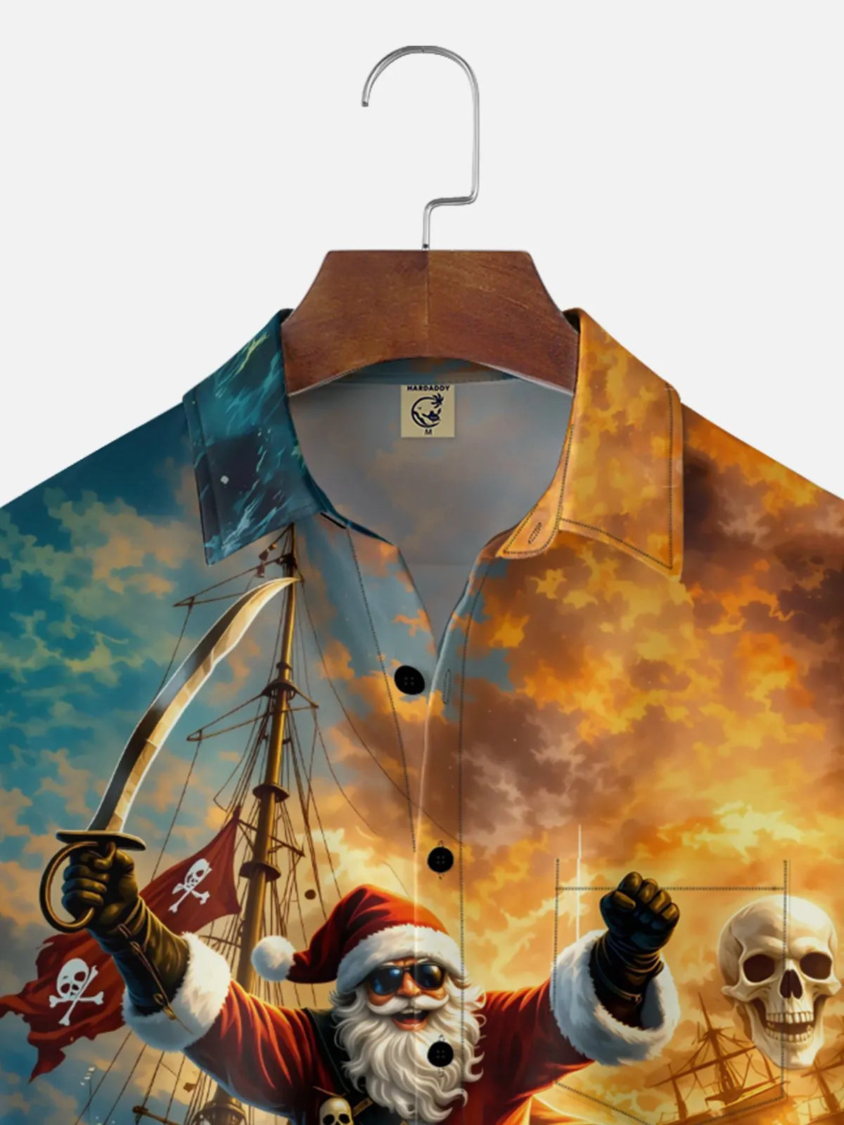 Moisture-Wicking Christmas in July Pirate Santa Chest Pocket Hawaiian Shirt
