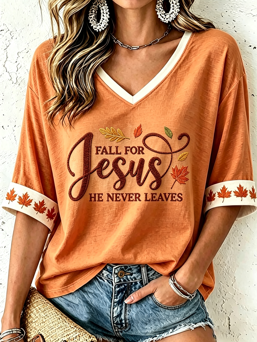 Women'S Fall For Jesus He Never Leaves T-Shirt