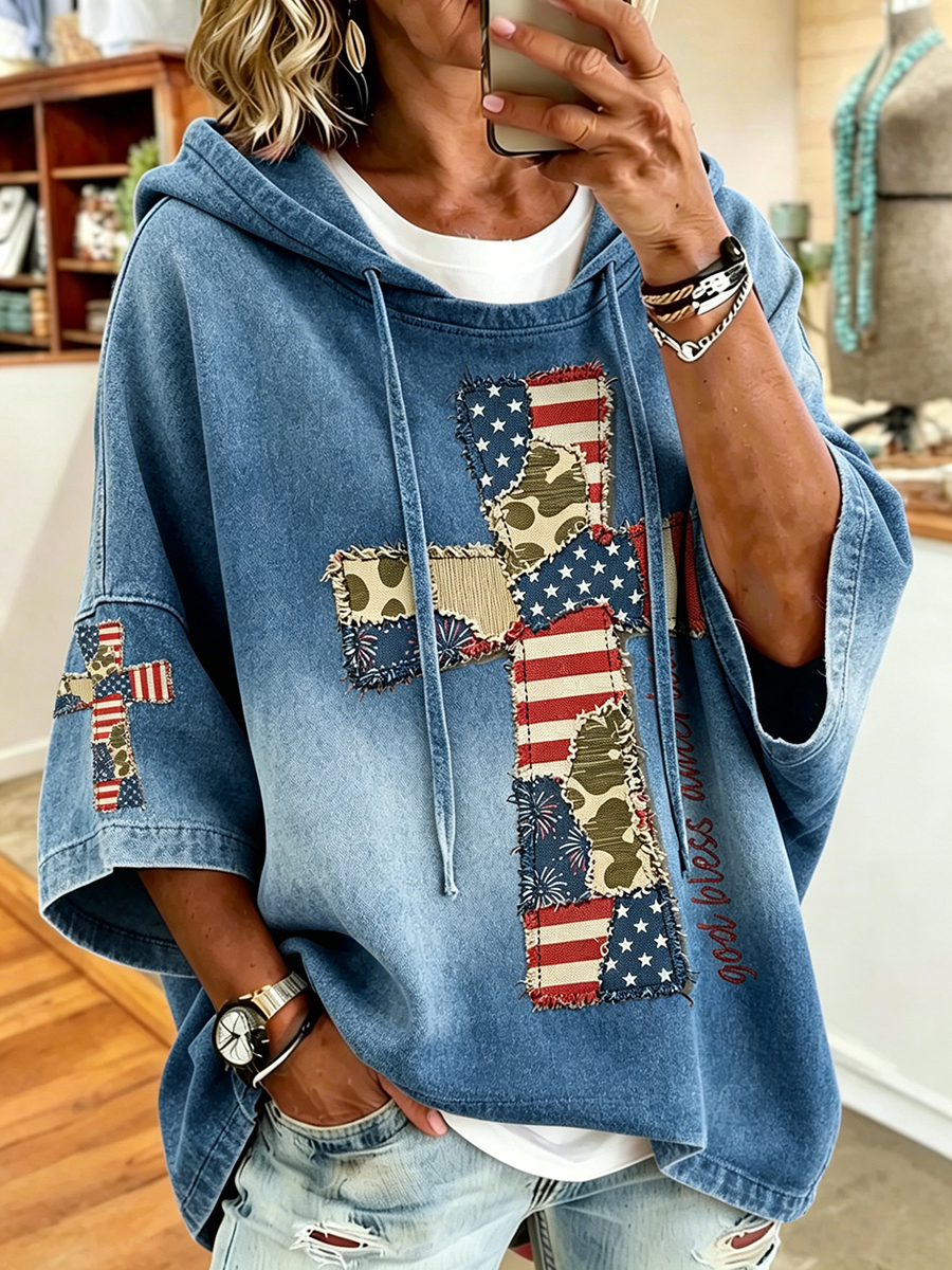 Women'S Retro Faith Cross Printed Hoodie