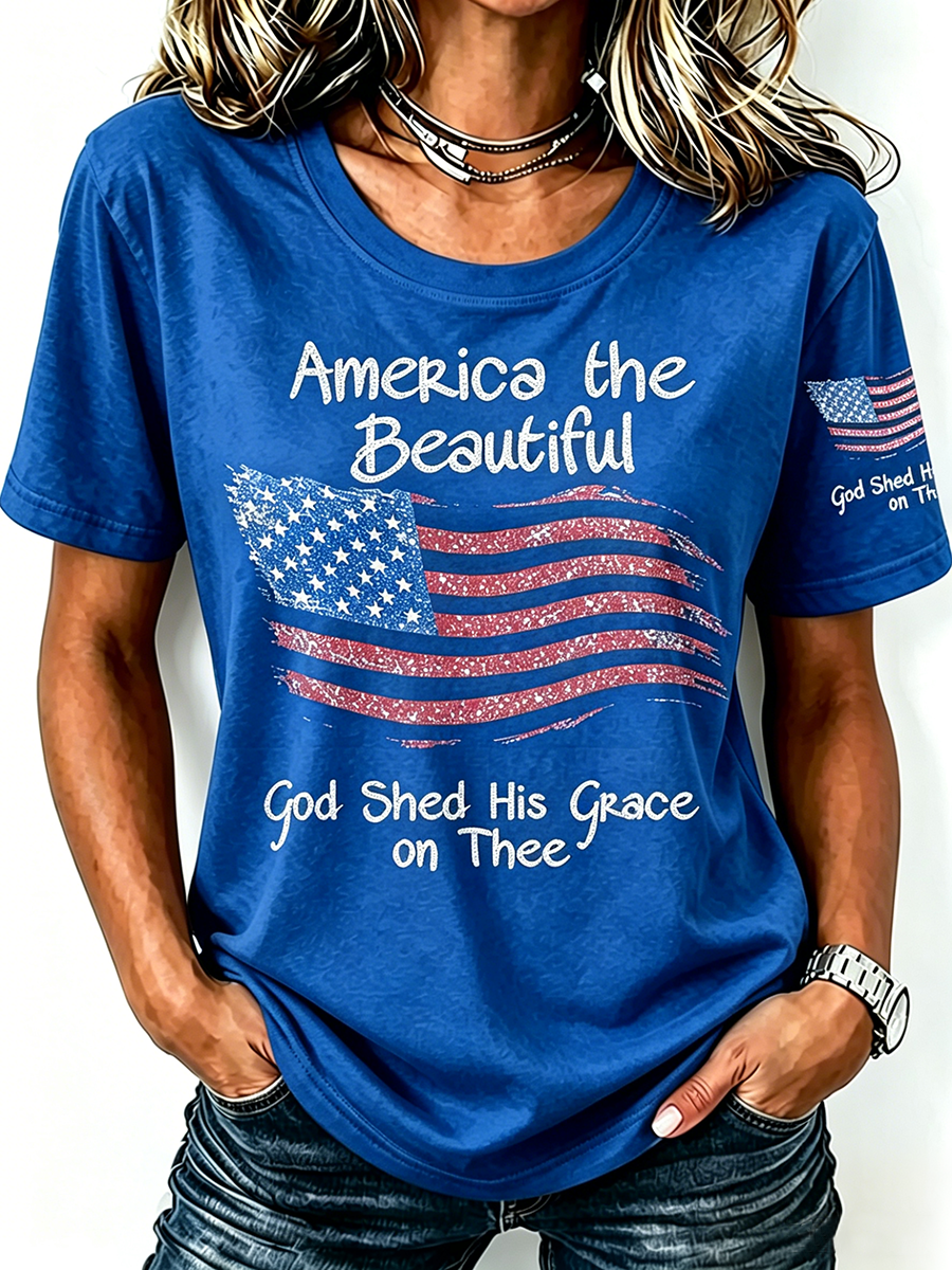 American Flag Faith Commemorative Printed Round Neck T-Shirt