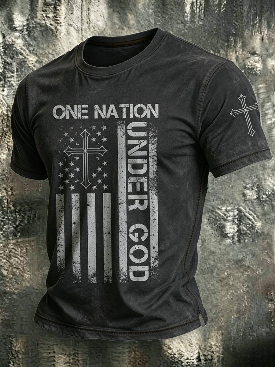 American Faith Cross Slogan Commemorative Print Round Neck T-Shirt
