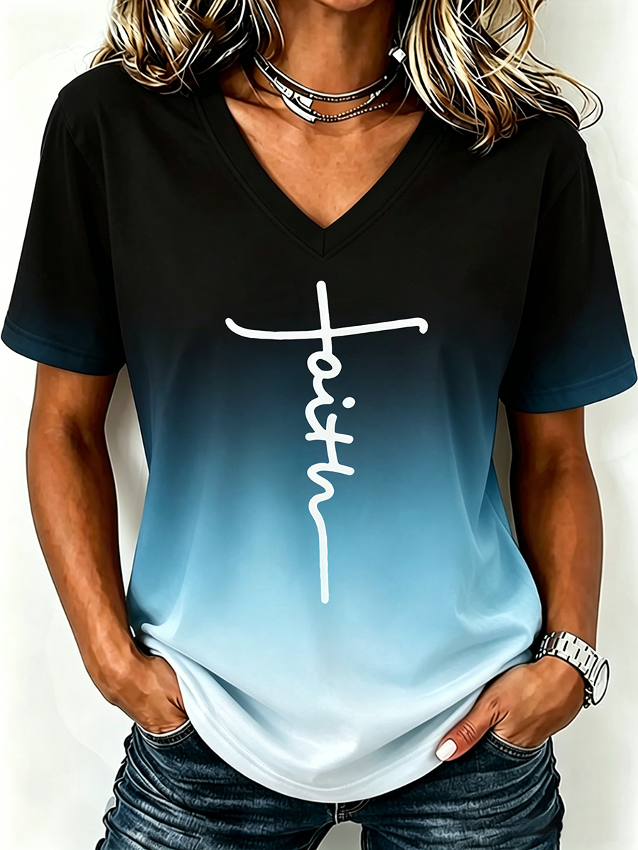 Faith Cross Print Gradient V-Neck Top