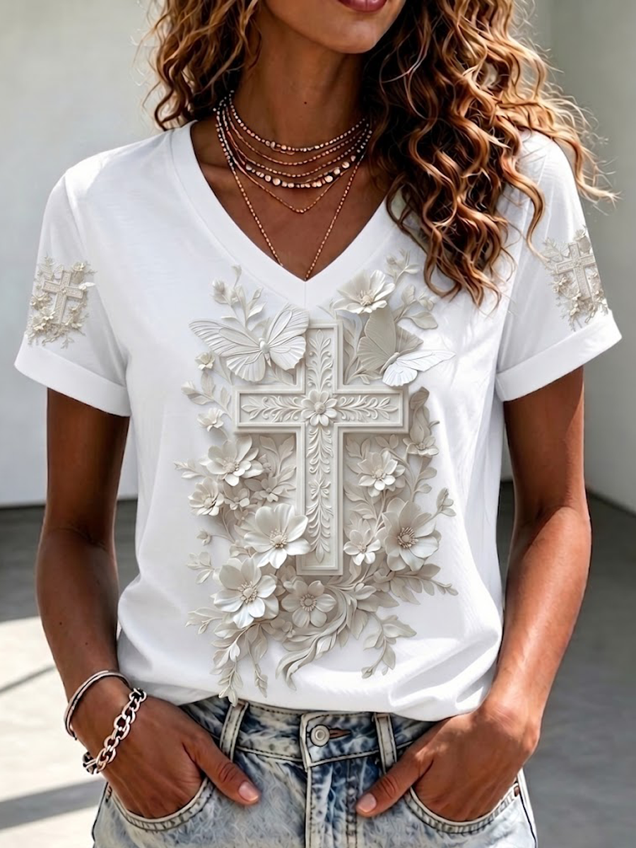 Women'S Casual Floral Faith Cross Print V-Neck T-Shirt
