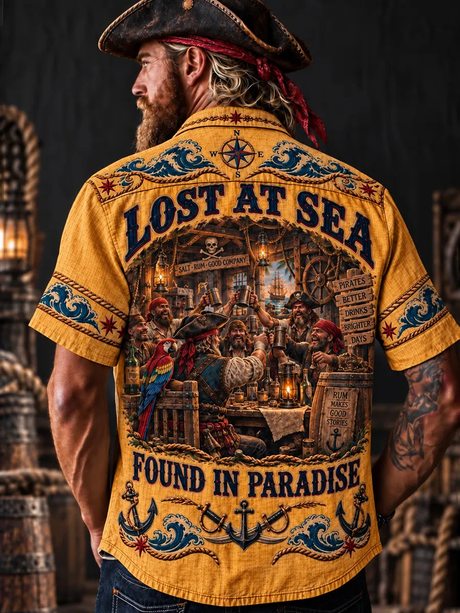 Men’s Vintage “LOST AT SEA” Old Salt Pirate Short Sleeve Shirt