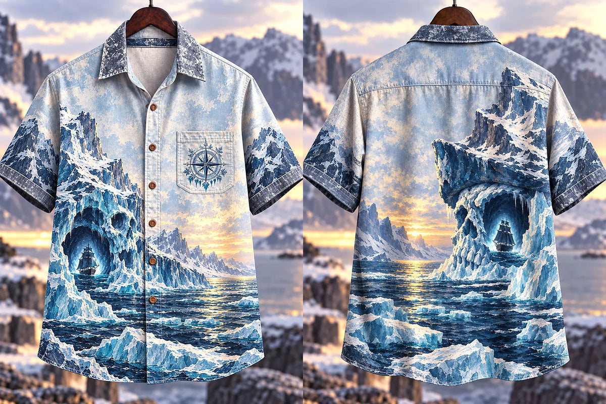 Men's Vintage Frozen Skull Cave Pirate Ship Print Short Sleeve Shirt