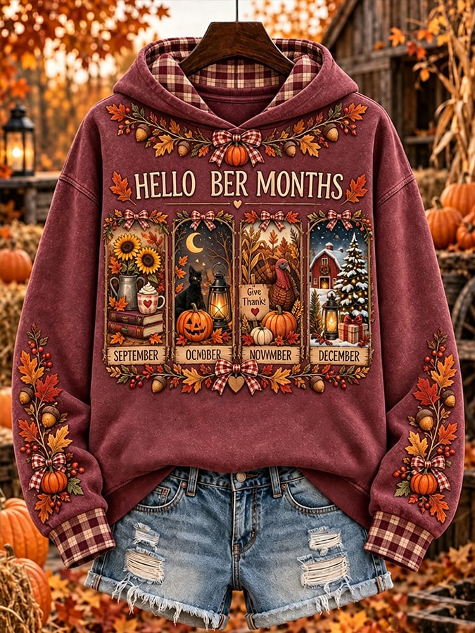 Women's Retro Autumn Thanksgiving Print Hoodie