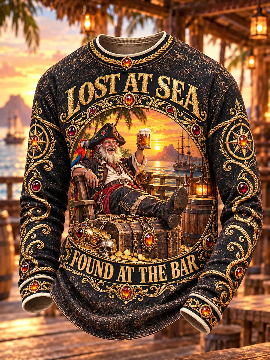 Lost at Sea Found at the Bar Retired Pirate Men's Luxury Long Sleeve Shirt