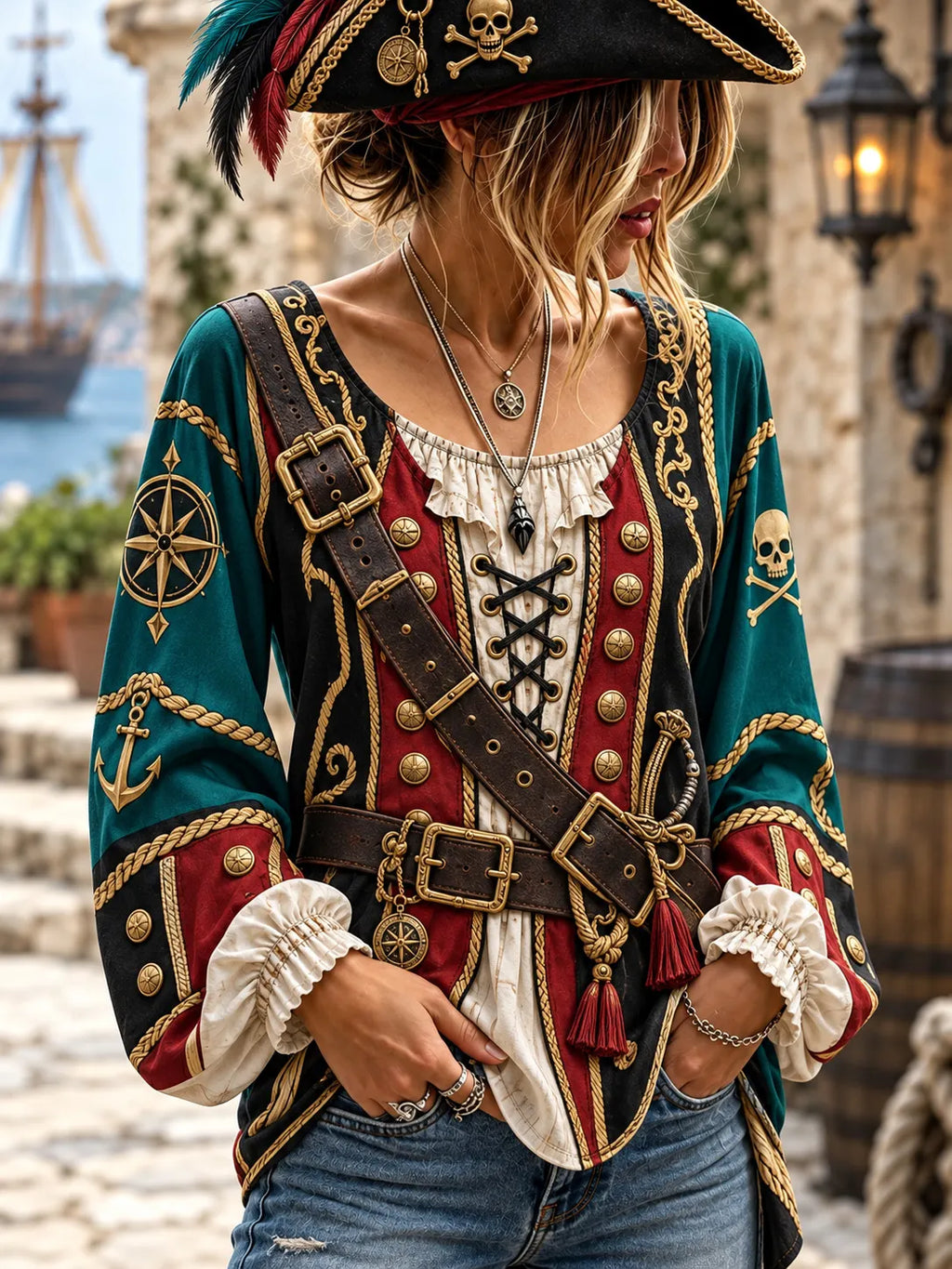 Women's Vintage-Style Pirate Art Print Casual Top