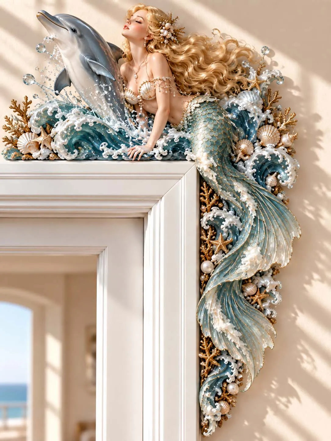 🐬 Blonde Mermaid With Friendly Dolphin And Sea Waves Corner Sculpture